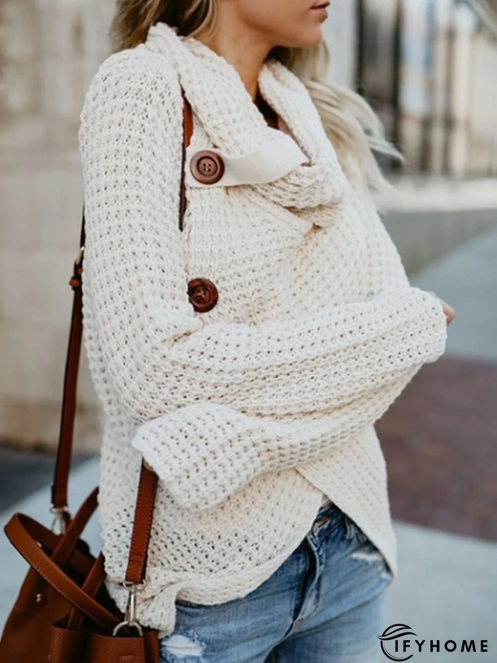 Asymmetrical Slit Cowl Neck Knitted Sweater | IFYHOME