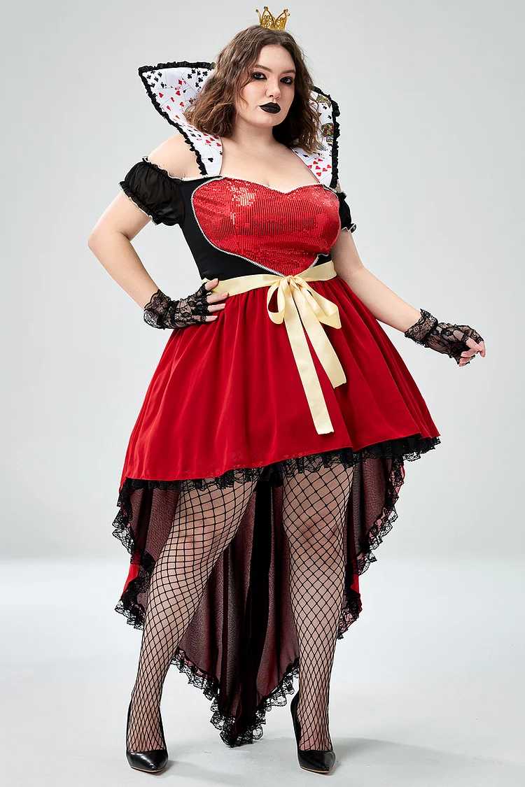 Xpluswear Design Plus Size Halloween Costume Red Sparkling Queen Of Hearts Knitted Mini Dress（Ships 24h）