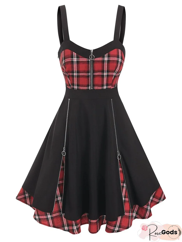 Lace Up Black Checked O Ring Dress Vintage Gothic Dress Plus Size Sleeveless Dress Women Party Sexy Femme Streetwear Dress