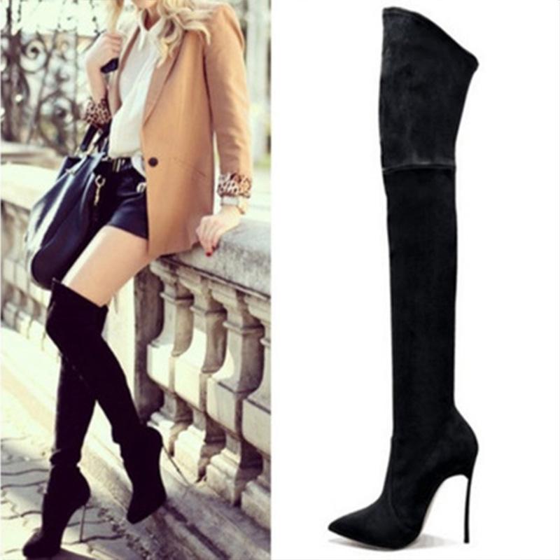 VCSHOES Suede Pointed Toe Stiletto High Heels Over the Knee Boots