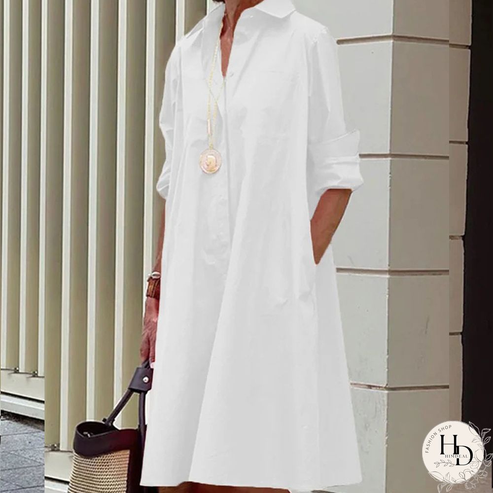 Autumn Women Harajuku Lapel Shirt Dress Vintage Ladies Long Sleeve Loose Mini Dress Elegant Commute Solid Pocket Dress Vestidos