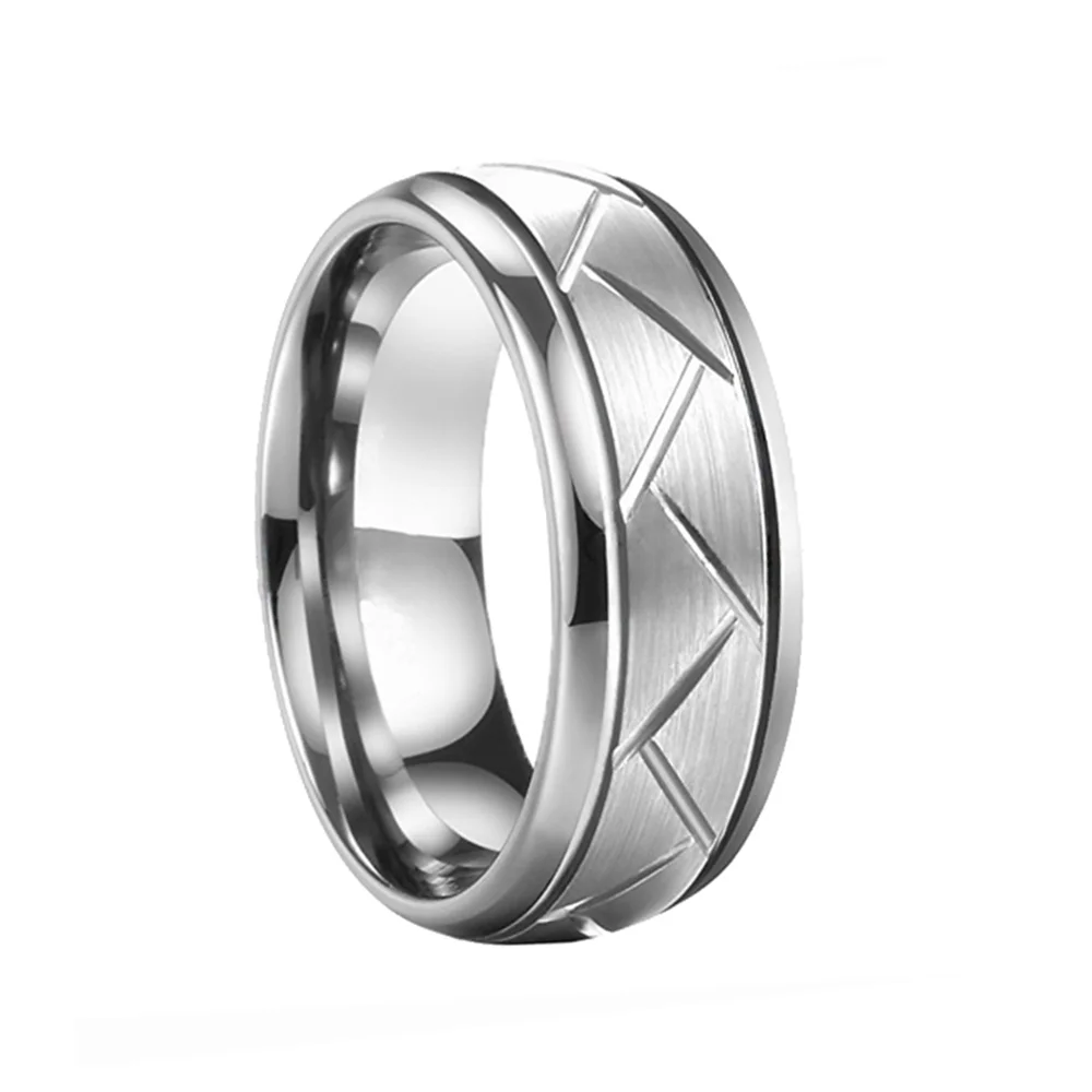 6MM 8MM Mens Silver Domed Grooved Tungsten Brushed Wedding Bands