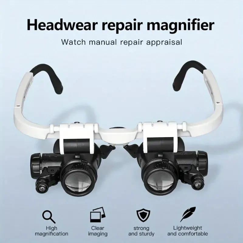 Microscope d'éclairage monté sur la tête à 2 LED, serre-tête de réparation, lampe LED, loupe avec loupe 8x 15x 23 détails 3