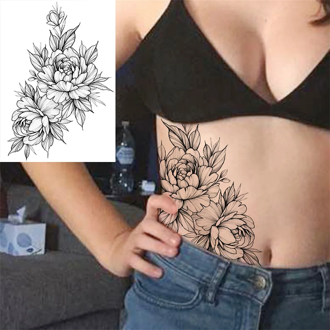 Flower Skull Temporary Tattoos For Women Men Adults Evil Skeleton Tattoo Sticker Fake Lavender Big Rose Black Tatoos Body Thigh