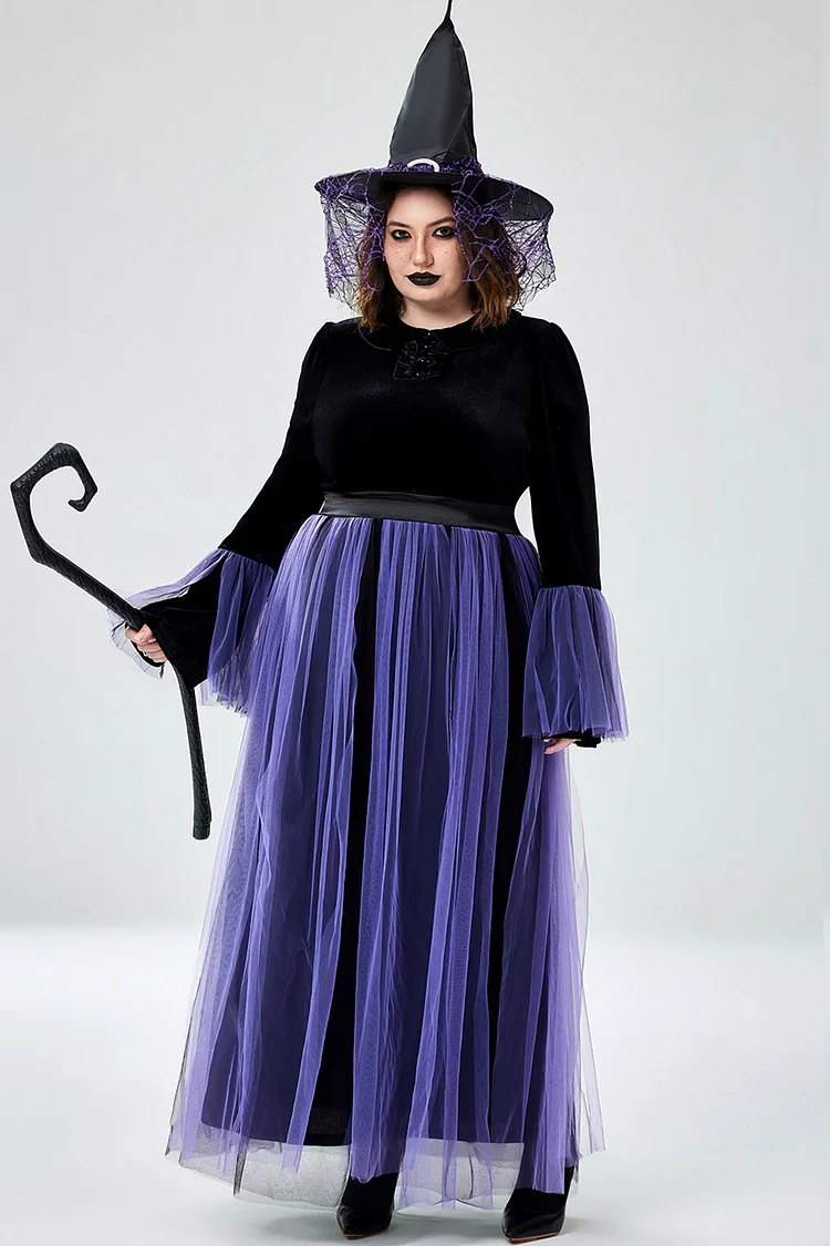 Xpluswear Design Plus Size Halloween Costume Purple Cosplay Witches Overlay Mesh Maxi Dress (Without Hat And Cane) [Pre-Order]