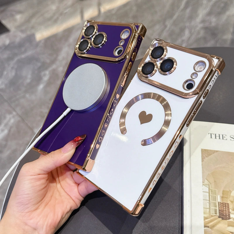 FANGCASE iPhone 17 series heart magnetic cases in purple and white with electroplated edges, fully MagSafe compatible, real machine mold update