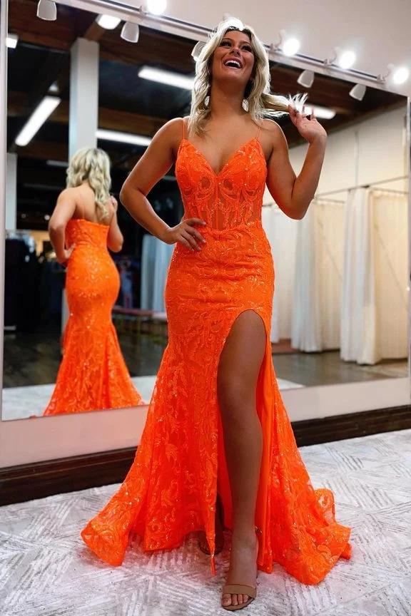 Miabel Gorgeous Orange Spaghetti Straps V Neck Slit Mermaid Prom Dress With Appliques