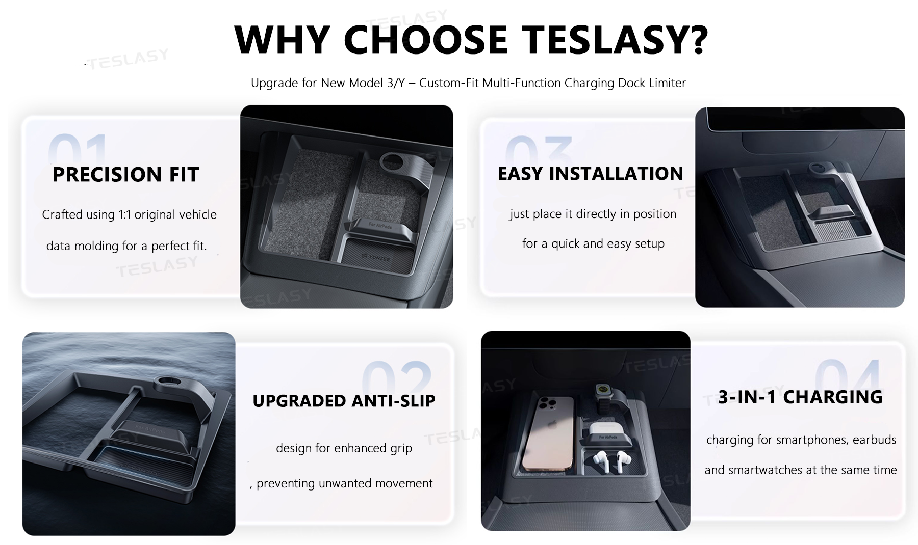 Teslasy Model 3 Highland / Model Y Juniper Center Console Wireless Charging Dock Limiter & Anti-Slip Organizer (3-in-1Charging)