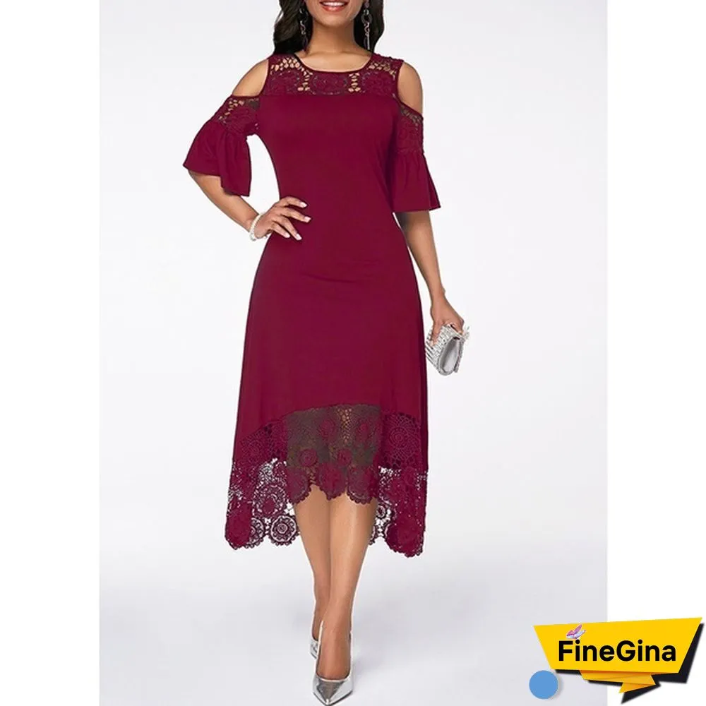 New Fashion Women Elegant Crochet Lace Cold Shoulder Long Dress Party Casual Dress Plus Size