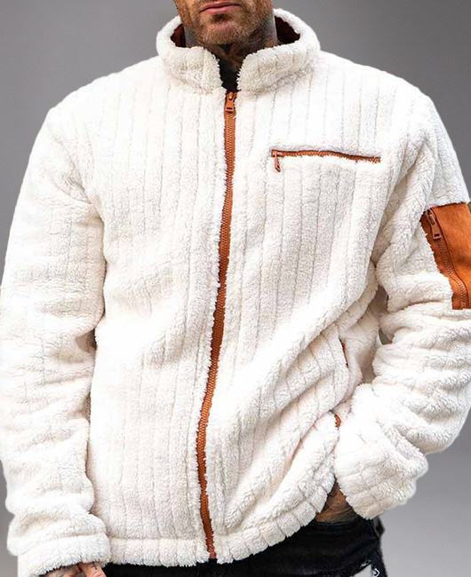 Casual Contrast Color Stand Collar Zipper Plush Jacket