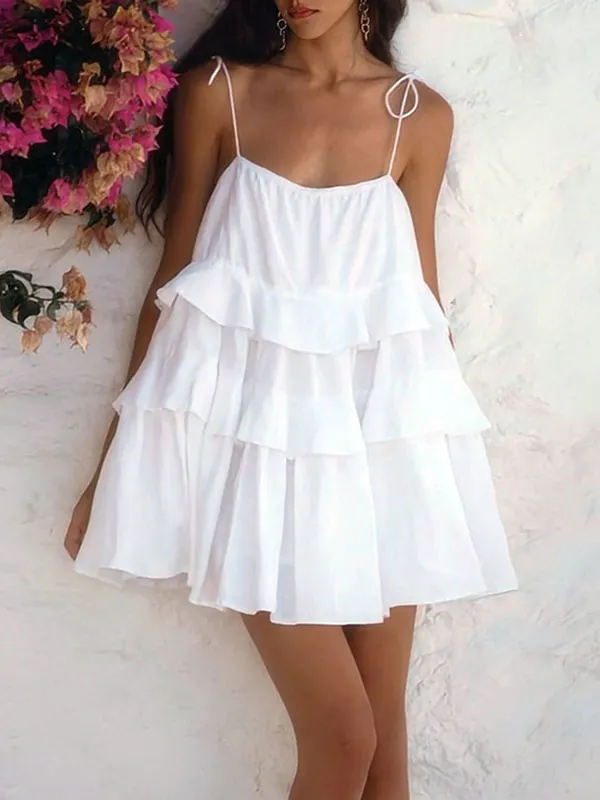 High Waist Pleated Back Tie-up Ruffles Mini Dress