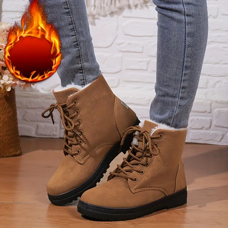 womens plush lined ankle boots solid color lace up round toe snow boots thermal outdoor short boots 5