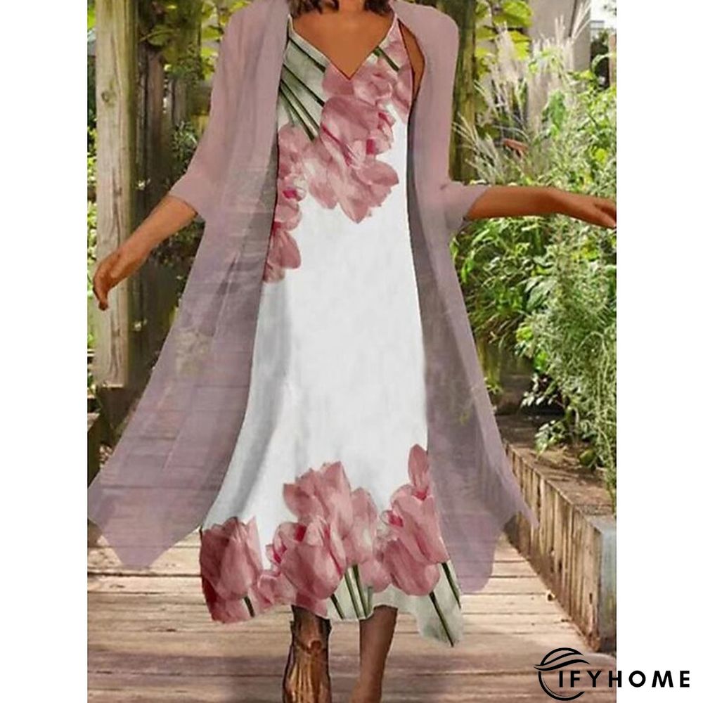 Women's Dress Set Two Piece Dress Shift Dress Daily Going out Fashion Streetwear Print Midi Dress Strap 3/4 Length Sleeve Floral Loose Fit Pink Light Purple Spring Summer S M L XL XXL | IFYHOME