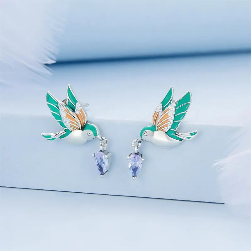 creative 925 sterling silver hypoallergenic stud earring delicate bird design with zircon pendant elegant luxury style details 2