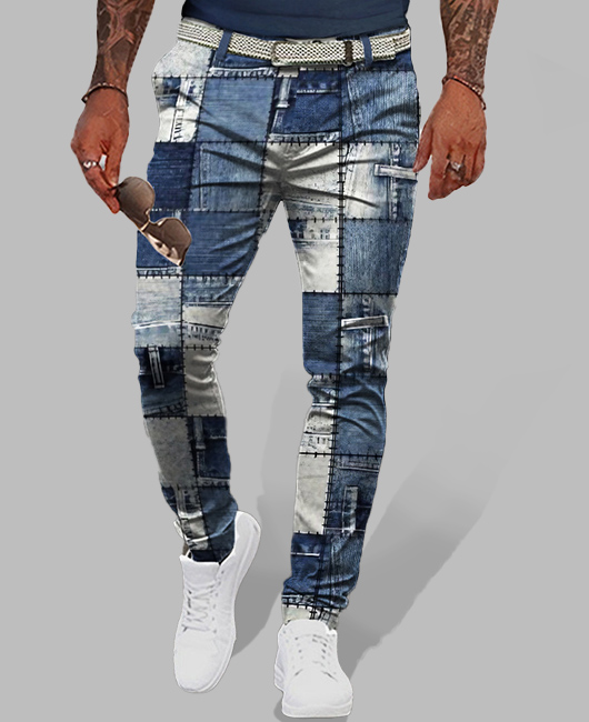 Fashion Denim Patchwork Print Pocket Slim Fit Pants
