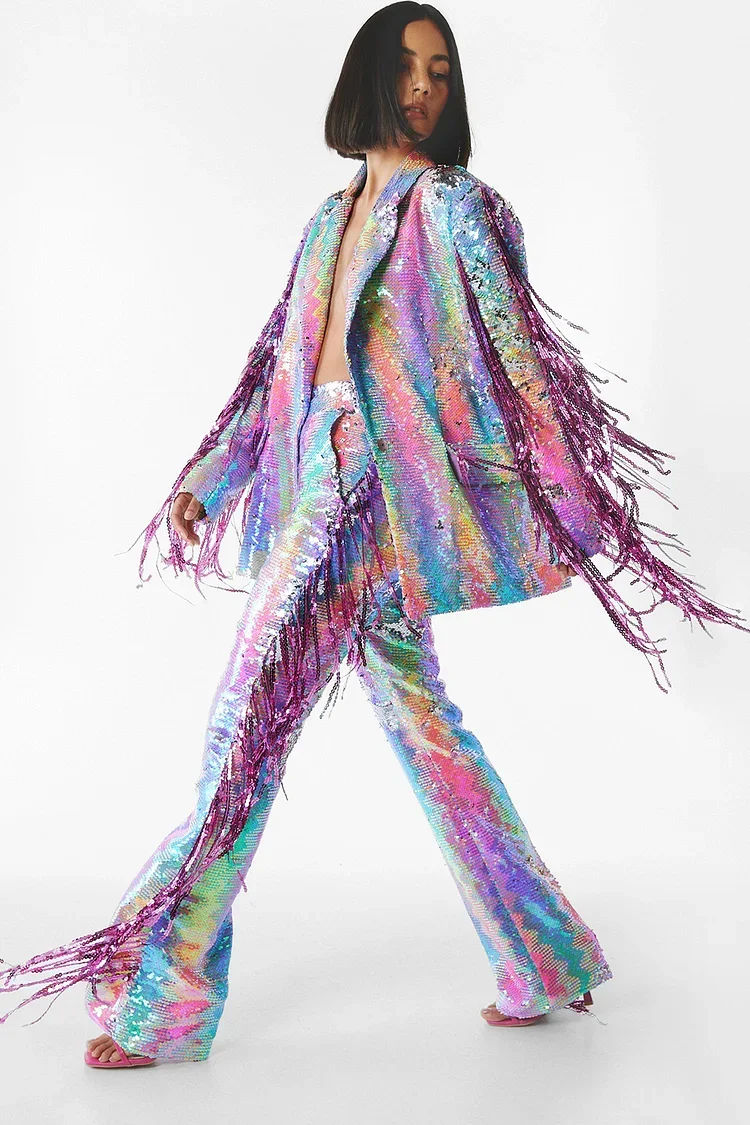 Gradient Fringe Blazer Two Pieces Sequin Pant Set-Rainbow