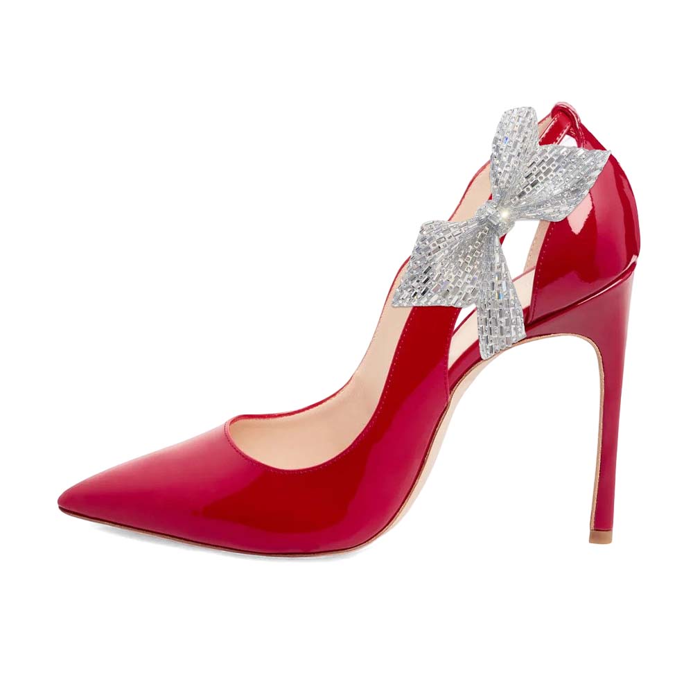 Red Patent Leather Cut Out Stiletto Heel Pumps Shoes with Bow Nicepairs