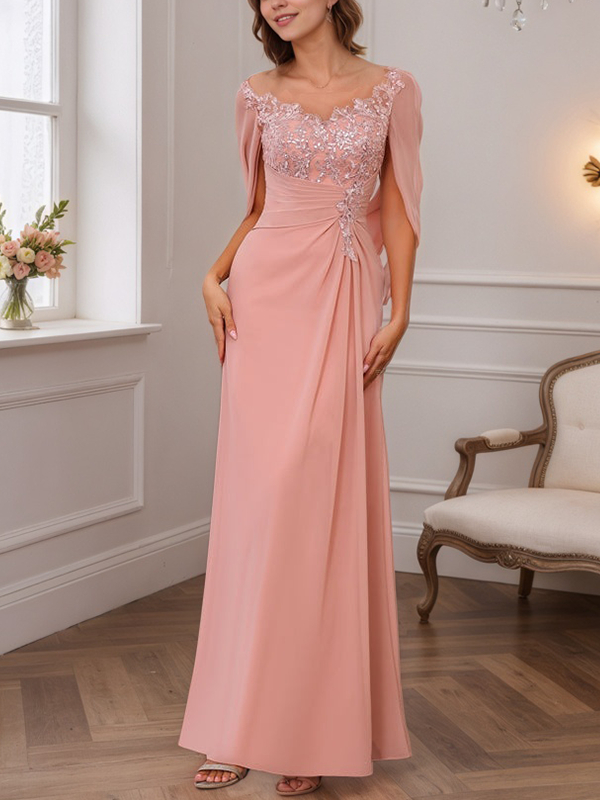 A-Line/Princess Illusion Scoop Appliques Ruched Mother of the Bride Dresses with Cape