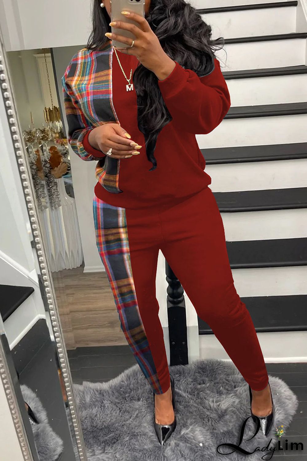 Grey Casual Plaid Print Patchwork O Neck Long Sleeve Two Pieces