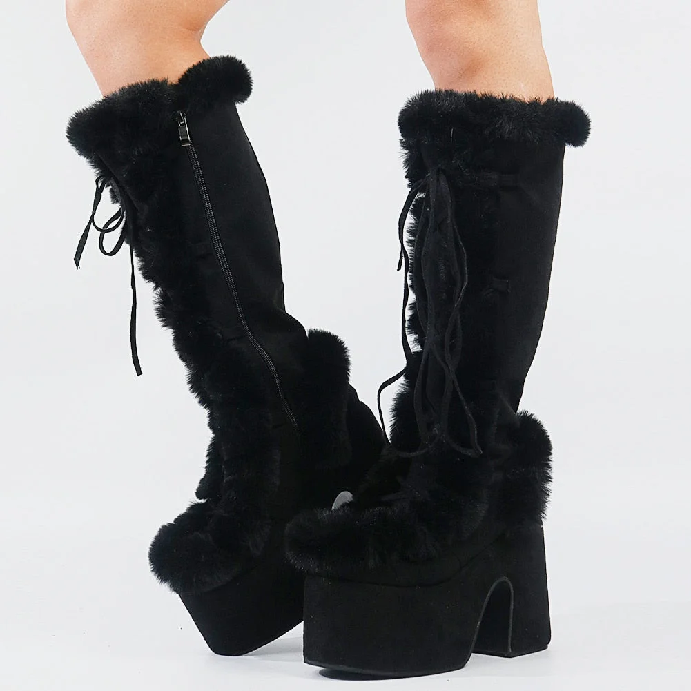 Vstacam Halloween Brand Designer Fur Gothic Chunky Block Heel Women Boots High Heel Platform Cosplay Casaul Party Warm Boots Shoes Women