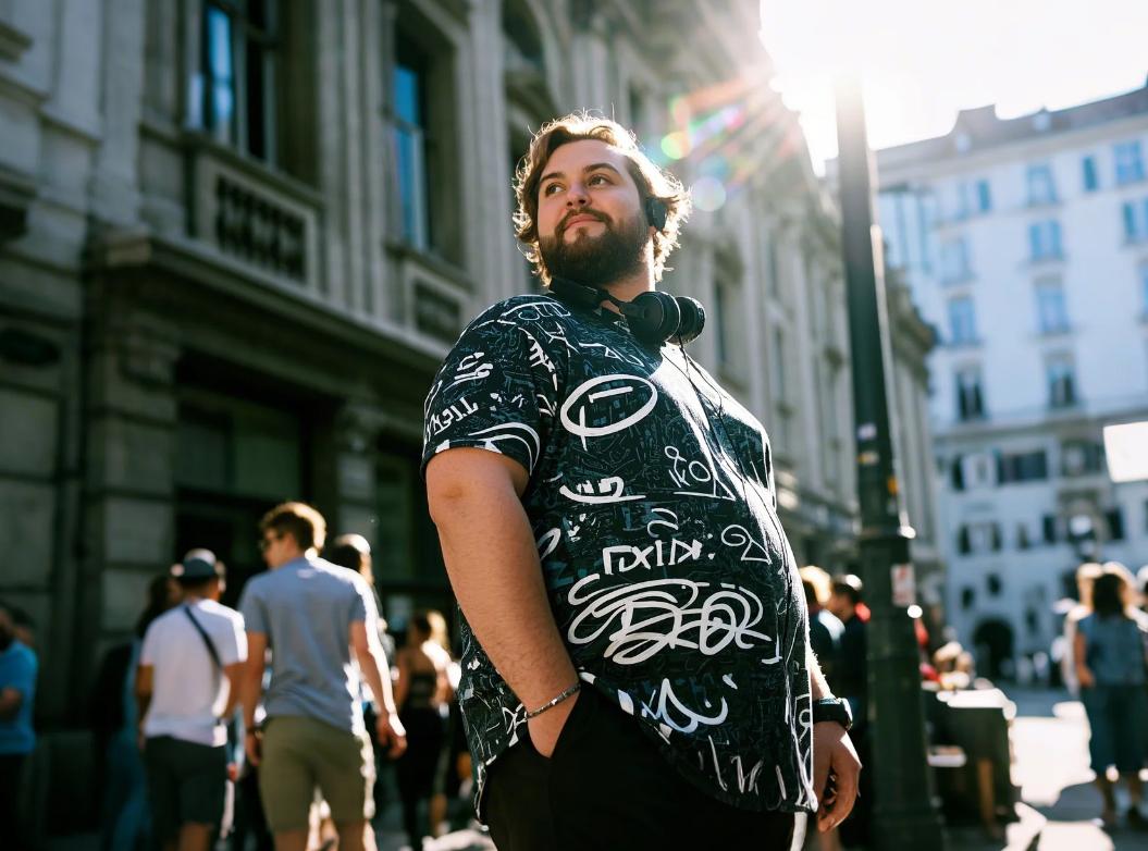 a big man wear hip-hop clothing stroll down the street