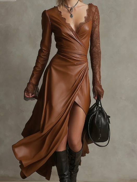 Vestido comprido preto em pele sintética com mangas delicadas em renda