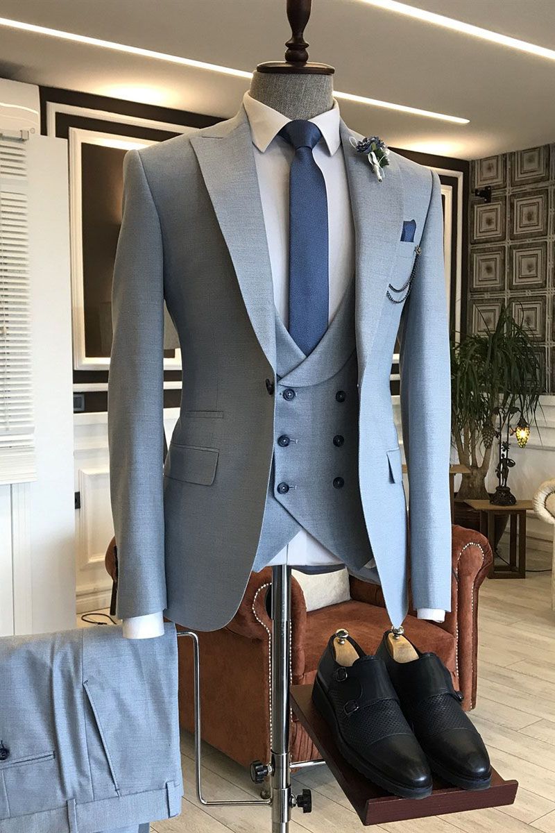 Simple Double Breasted Formal Bepoke Suit For Man Gentle Blue With 3 Pieces