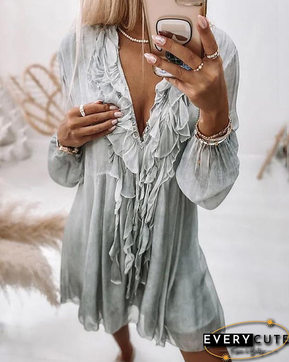 Ruffle Silk Tassel V Neck Chiffon Dress