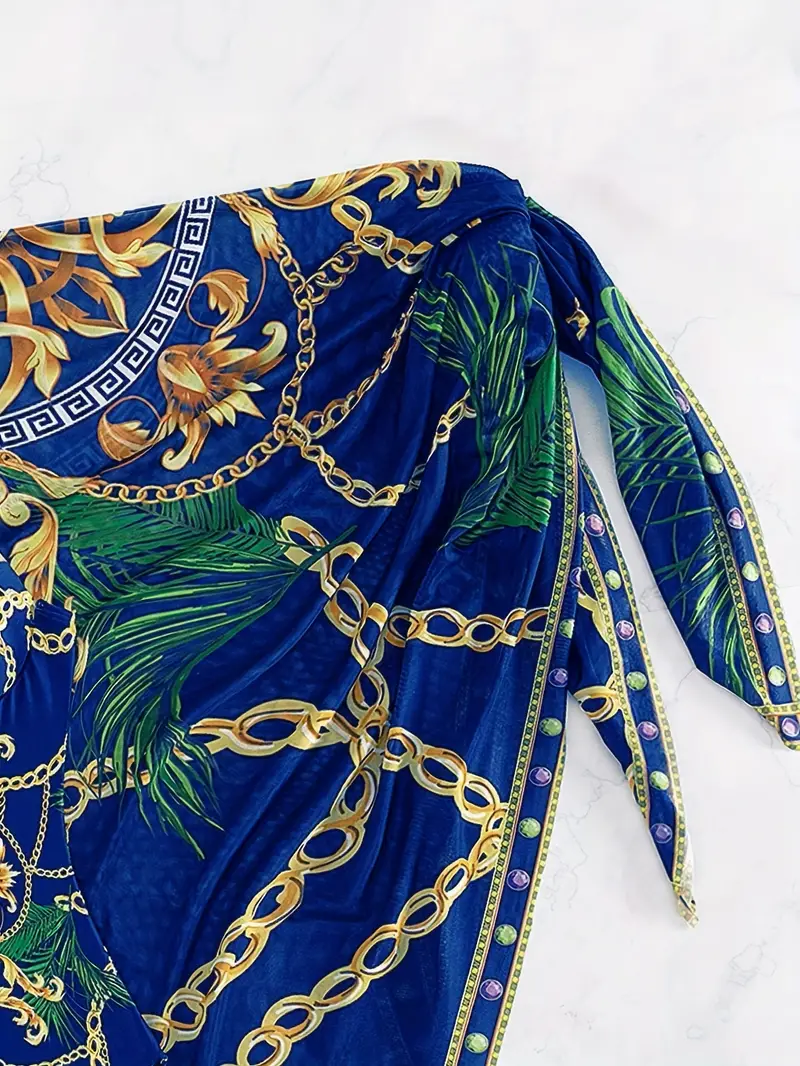 chain print baroque floral sweetheart neckline elegant 2 piece swimsuits spaghetti strap vintage   bathing suit cover up skirt womens swimwear clothing for holiday details 3