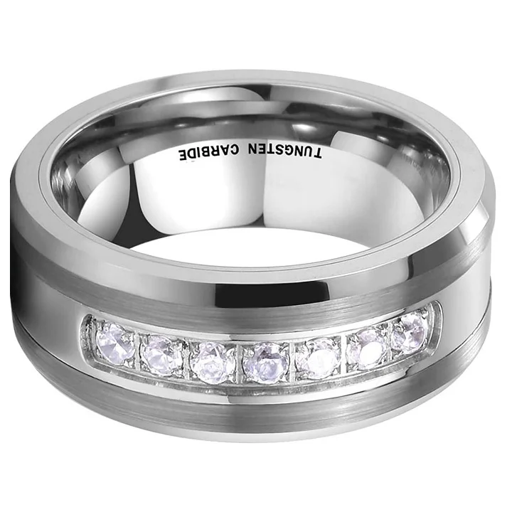 6MM 8MM Mens Tungsten Carbide Rings White Tungsten Carbon Fiber Polished Beveled Edge CZ Stone Channel
