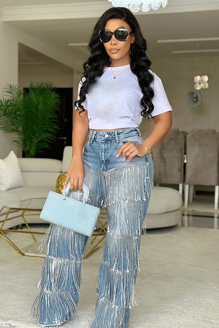 Sequin Fringed Decor Denim High Waist Straight Leg Jeans-Blue