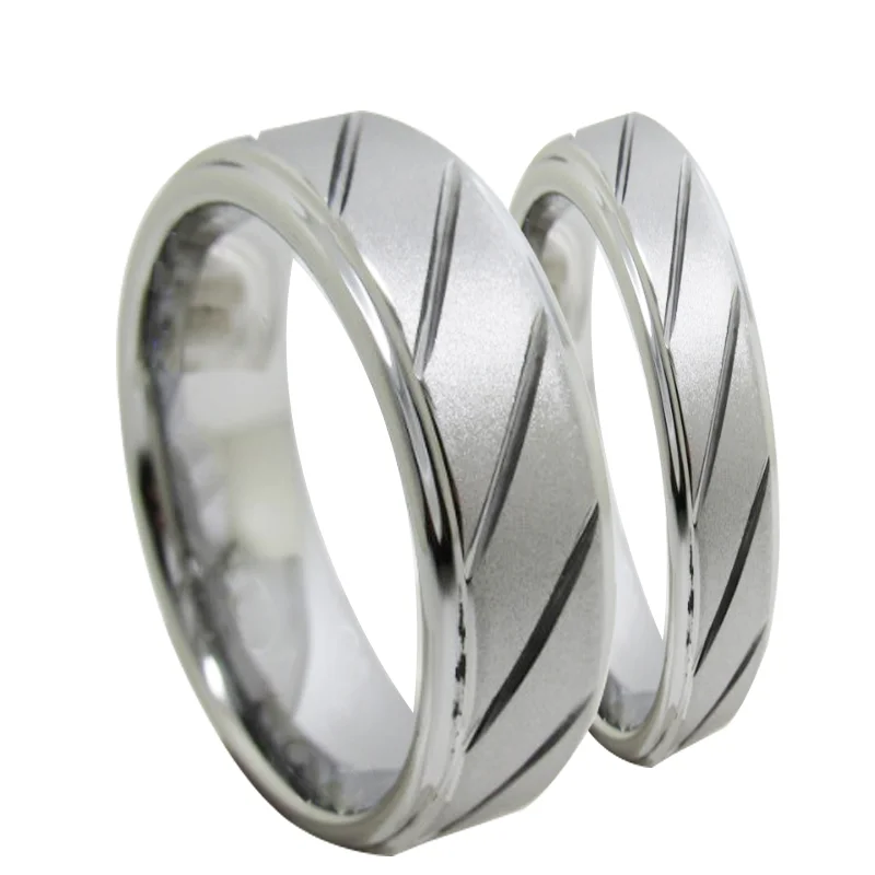 6MM 8MM Couples Tungsten Carbide Step Surface Sandblasted With 12 Chutes Sliver Wedding Rings