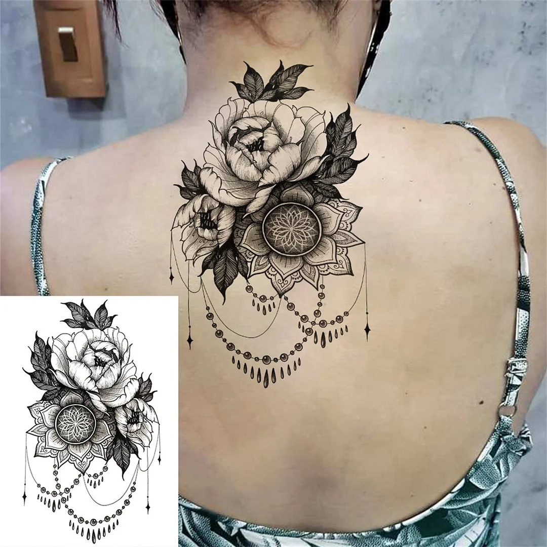 Flower Skull Temporary Tattoos For Women Men Adults Evil Skeleton Tattoo Sticker Fake Lavender Big Rose Black Tatoos Body Thigh