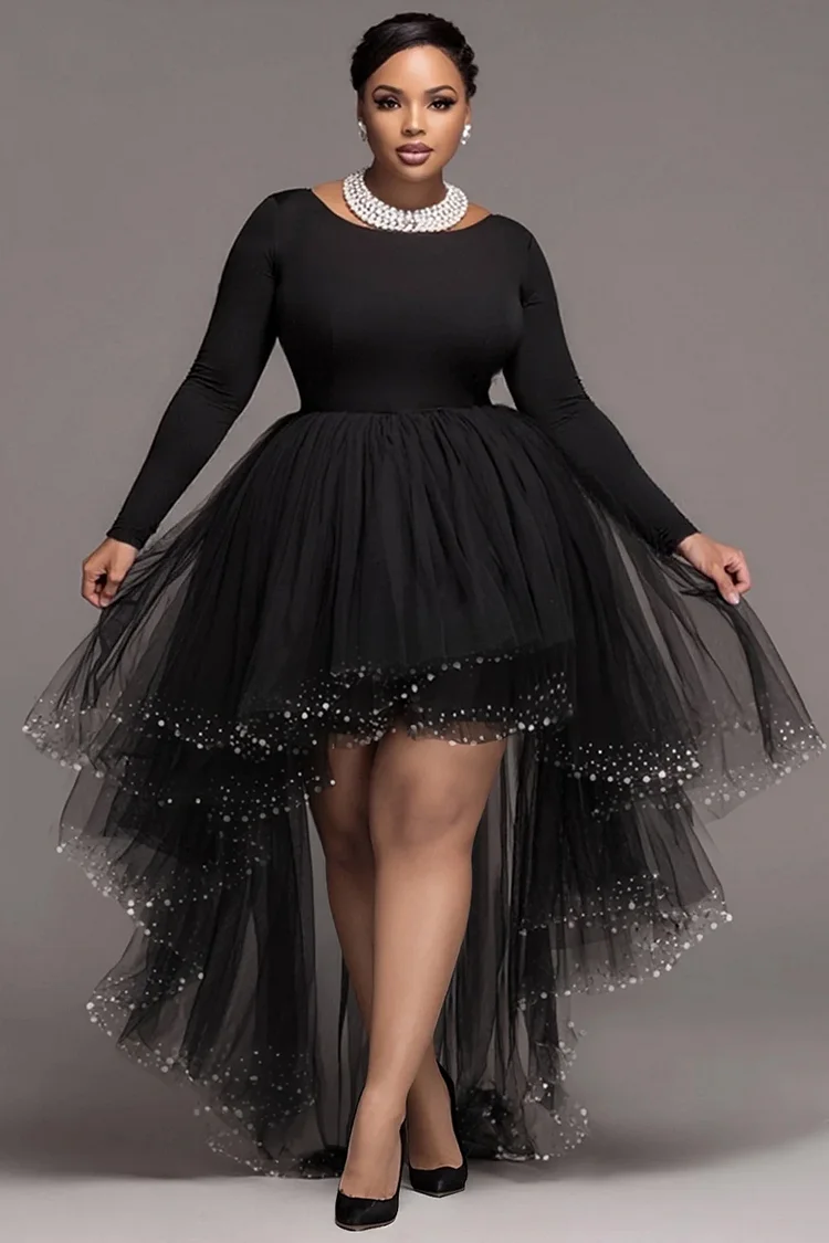 Xpluswear Design Plus Size Party Black Round Neck Long Sleeve High Low Hem Elegant Ruffle Tulle Mini Dresses [Pre-Order]