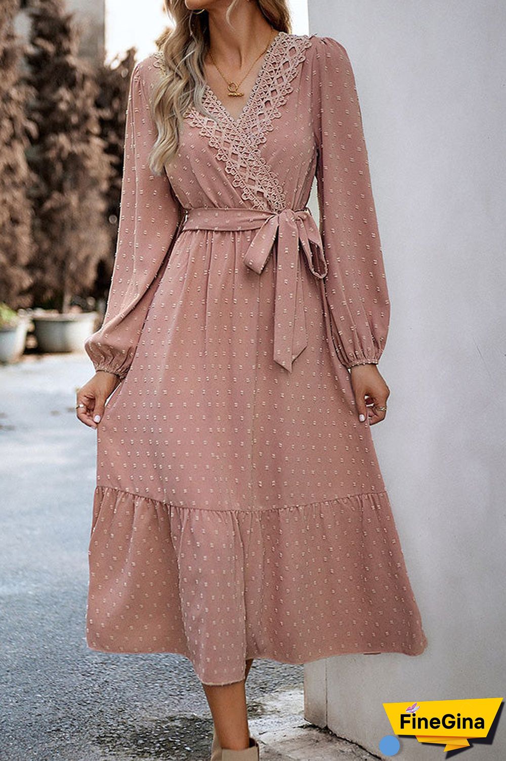 Long Sleeve Tie Waist Elegant Maxi Dress