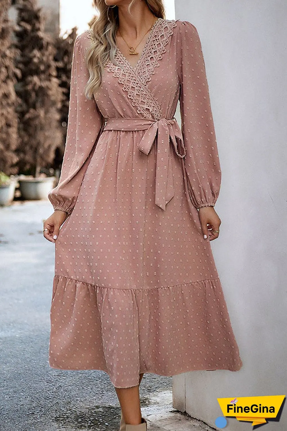 Long Sleeve Tie Waist Elegant Maxi Dress