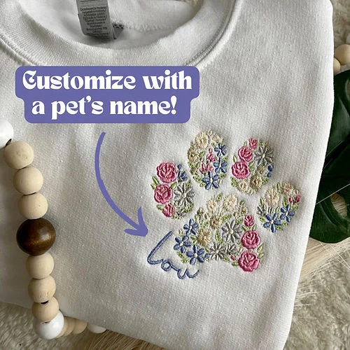 Floral Embroidered Sweatshirt Hoodie with Custom Names on Sleeve, Mother's Day Gift
