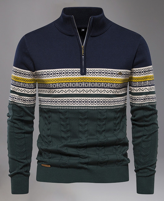 Business High Quality Knit Geometric Stripes Zipper Jacket