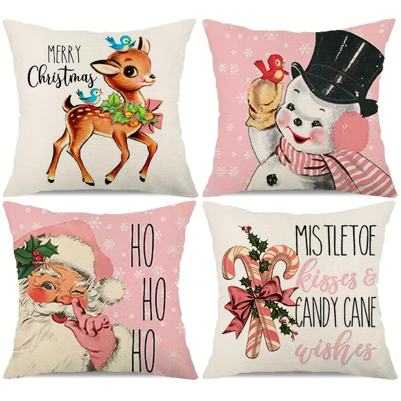 4pcs linen blend christmas decorations pillow covers 18 18 snowflake santa snowman deer bird candy cane xmas rustic winter holiday throw pillows christmas decor cushion cases k031 18 x18 pink red grey details 1