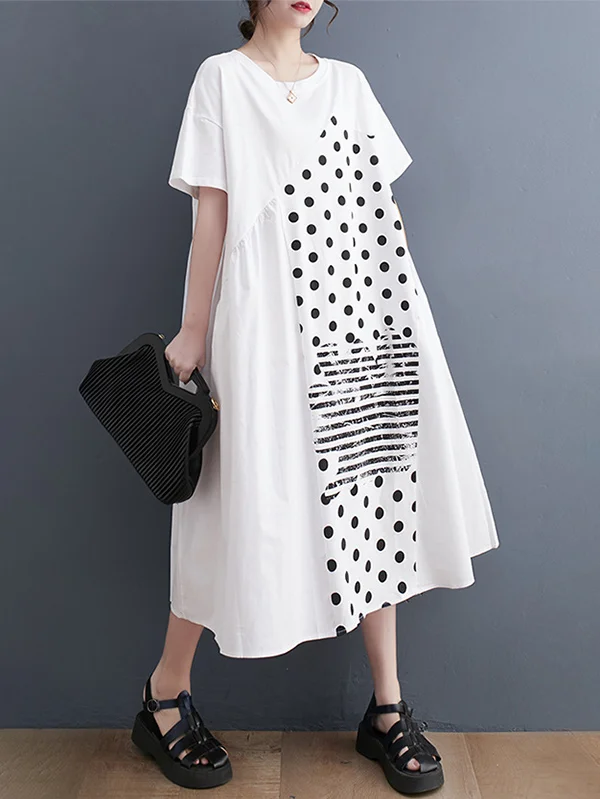 Irregularity Oversize Printed Striped Polka-Dot Split-Joint Round-Neck Midi Dresses