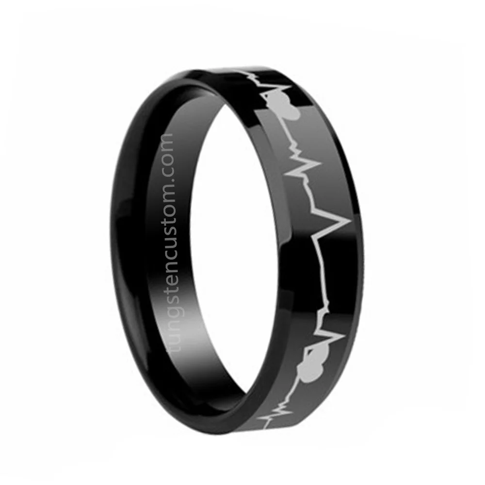 6MM 8MM Black Tungsten Heartbeats Of Love Couple Wedding Bands