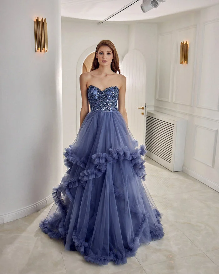 Miabel Elegant Strapless Sequins Beads Tulle Ball Gown Prom Dress