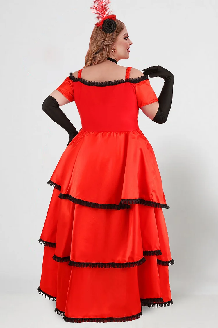 Xpluswear Design Plus Size Halloween Dress Red Short Sleeve Ruffle Tiered High Lowal Maxi Dress（Ships 24h）