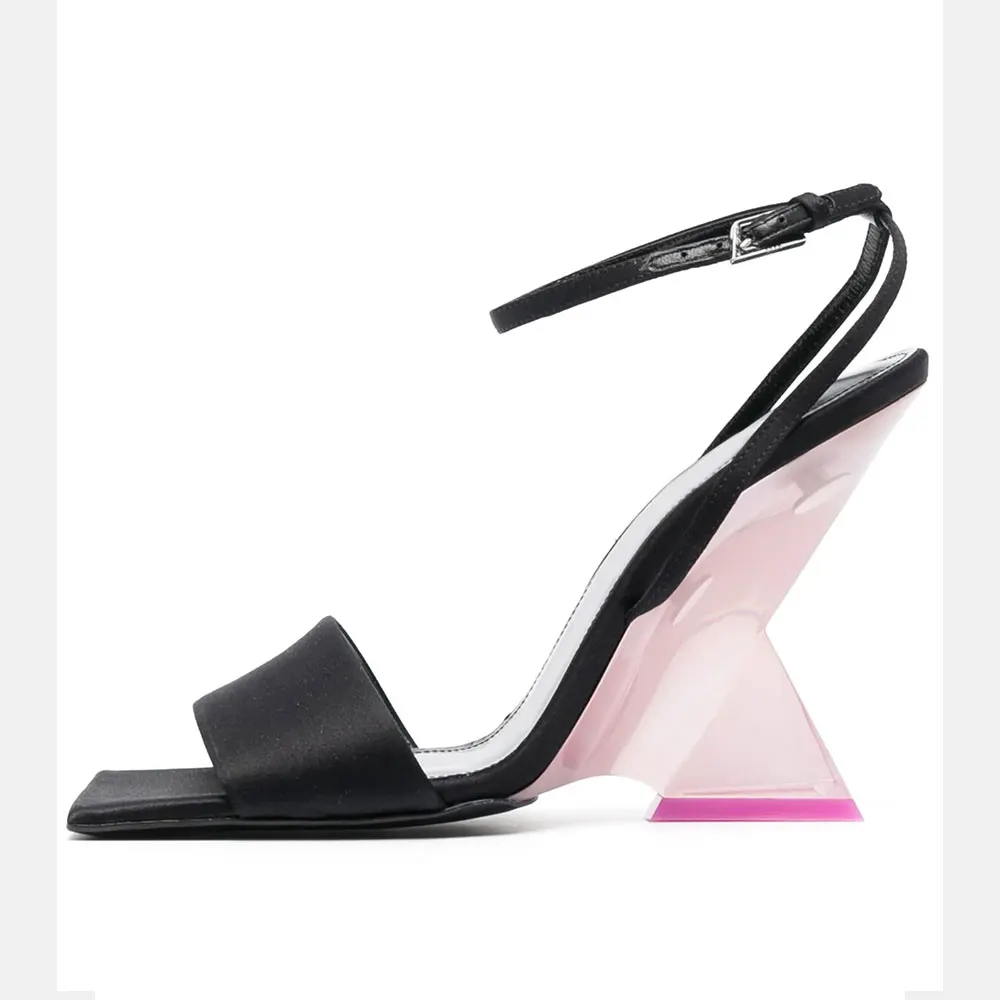 Women's Black Square Toe Sculptural Heel Ankle Strap Summer Sandals