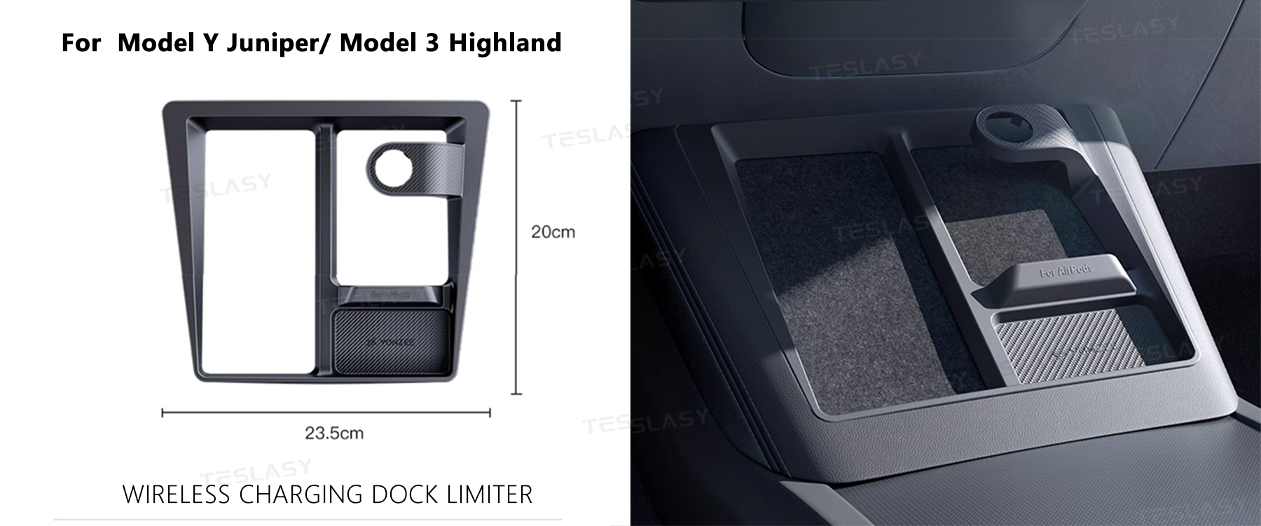 Teslasy Model 3 Highland / Model Y Juniper Center Console Wireless Charging Dock Limiter & Anti-Slip Organizer (3-in-1Charging)