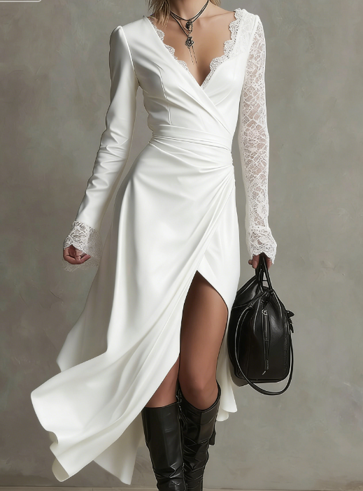 Vestido comprido preto em pele sintética com mangas delicadas em renda