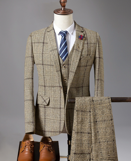 Business Plaid Notched Lapel Blazer & Vest & Pants 3Pcs Set