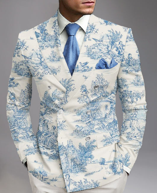 Business Peaked Lapel Double Breasted Floral Plant Pattern Blazer
