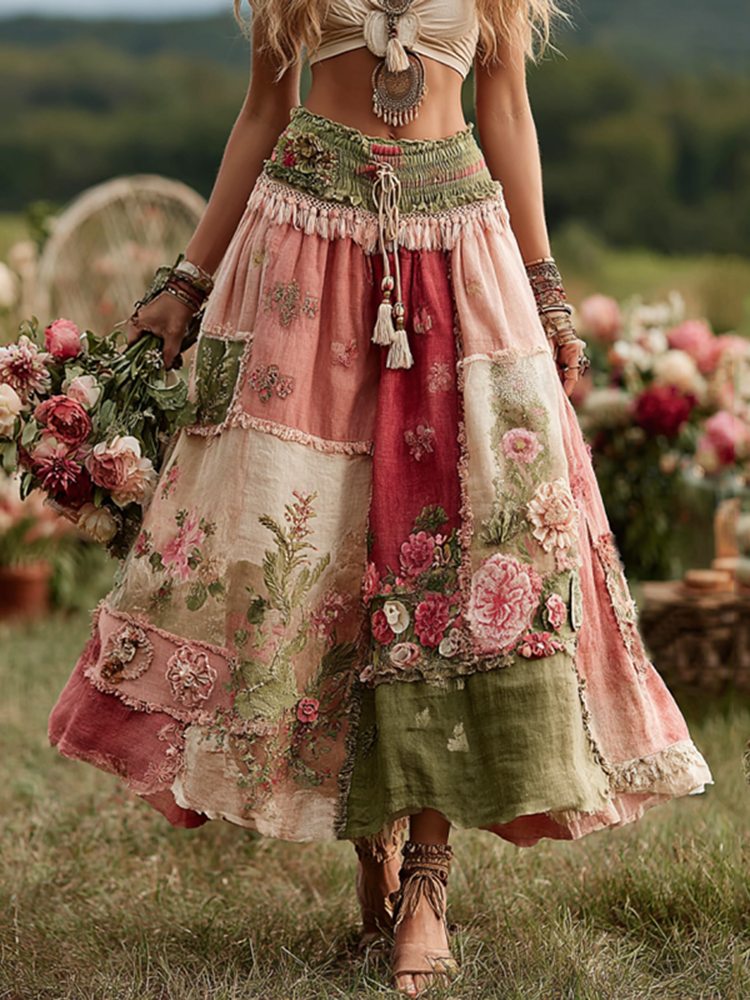 Vintage Boho Rózsaszín Virágmintás Patchwork Művészeti Lógó Len Szoknya