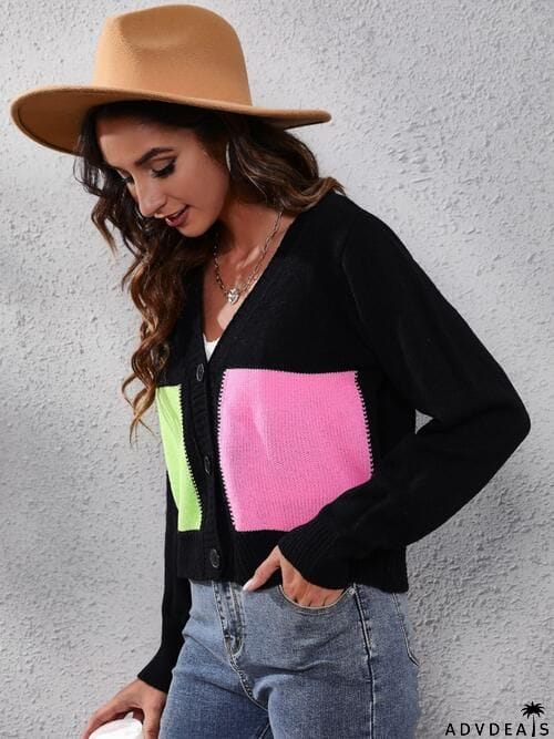 Color Block Button Up Long Sleeve Cardigan